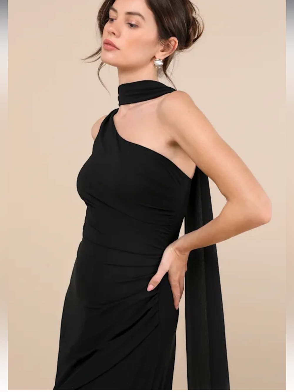 New Lulus Adeline Black One-Shoulder Evening Gown with Draped Sash Sz Medium - Picture 6 of 8
